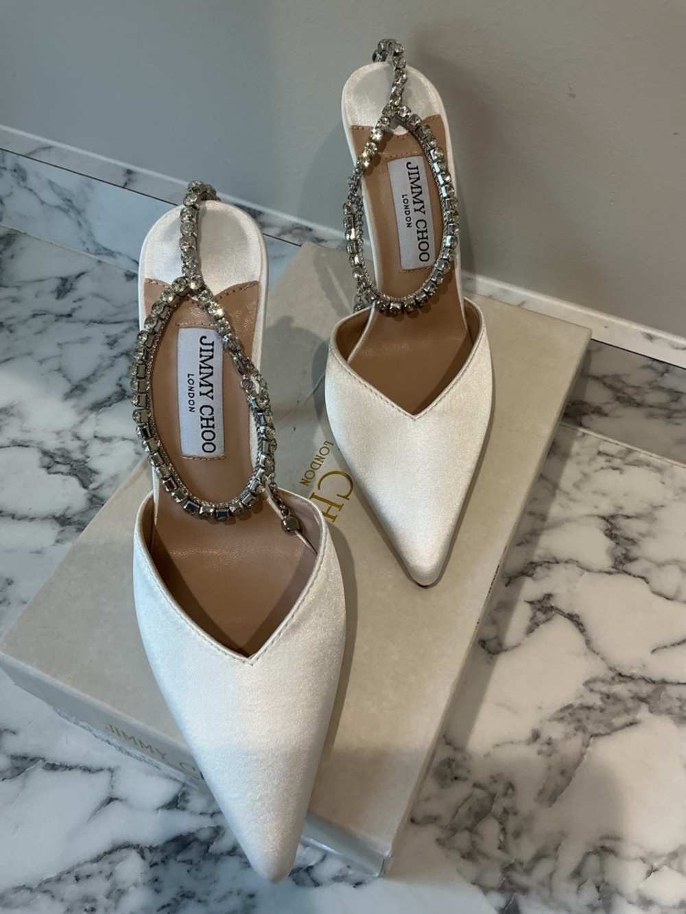 Jimmy Choo Ivory Satin Pointed Toe Crystal-Strap Slingbacks